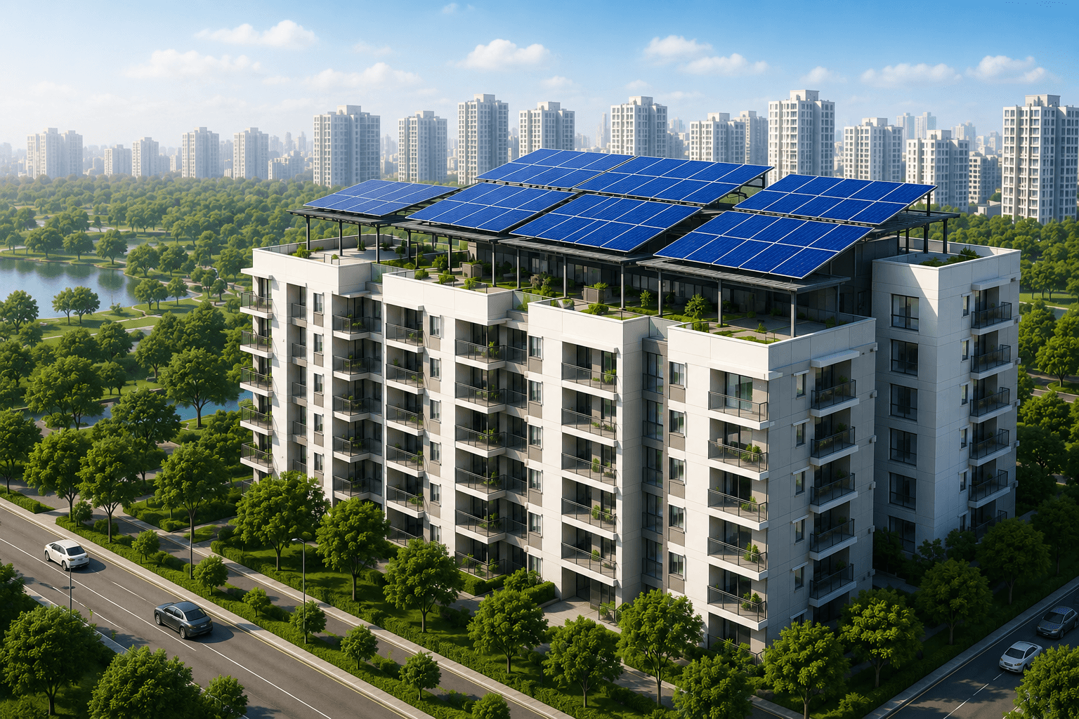 Modern apartment building with rooftop solar panels for housing society calculator